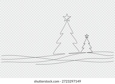 Una ilustración de arte lineal simple y elegante de dos árboles de Navidad con estrellas en la parte superior, sobre un fondo transparente con un sutil patrón de cuadros grises y blancos, evocando una sensación de sencillez y calma festiva.