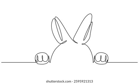 A simple, elegant line drawing of a bunny with its ears perked up and paws resting over a surface. It is a minimalist illustration of the easter animal.