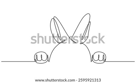 A simple, elegant line drawing of a bunny with its ears perked up and paws resting over a surface. It is a minimalist illustration of the easter animal.
