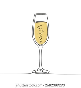 Um simples desenho de linha elegante de uma flauta de champanhe preenchido com líquido dourado bolha e bolhas