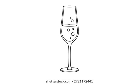 Un dibujo de línea simple y elegante de una flauta de champán llena de bebida burbujeante, destacando la celebración y el lujo. El estilo minimalista captura la esencia de ocasiones especiales, fiestas y