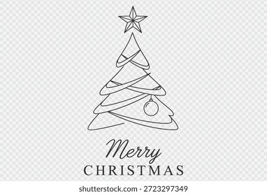 Un sencillo y elegante dibujo de línea de un árbol de Navidad adornado con una estrella en la parte superior y un adorno colgante, acompañado del saludo festivo 'Feliz Navidad' en una fuente clásica.