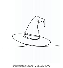 Um simples, elegante desenho de linha de um chapéu de bruxa clássico.