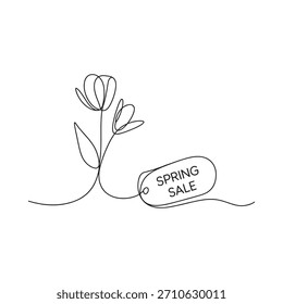 Un dibujo de línea simple y elegante representa dos flores florecientes con una etiqueta que anuncia una venta de primavera, transmitiendo frescura y ofertas de temporada.