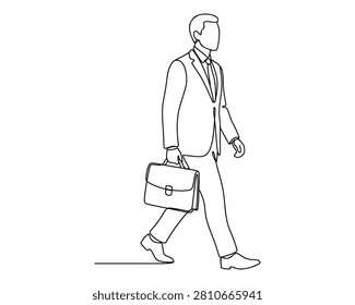 A simple, elegant line drawing depicts a businessman in a suit walking with a briefcase, conveying concepts of work and career.