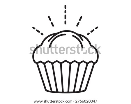 A simple, elegant line drawing depicts a cupcake with a decorative wrapper and sparkling rays emanating from its top.