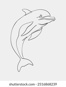 A simple and elegant line drawing of a dolphin, featuring clean, flowing lines and a minimalist artistic style.