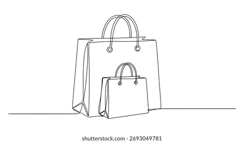 A simple, elegant line drawing featuring two shopping bags, one larger than the other, placed side by side on a horizontal line.