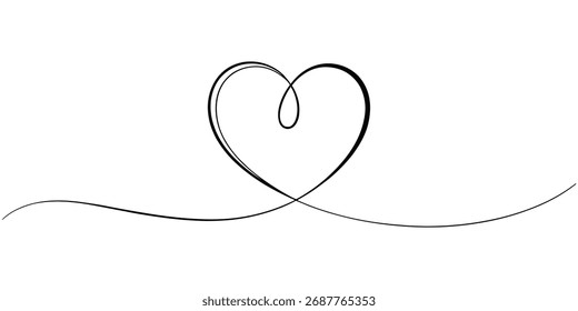 Um simples e elegante desenho em linha de uma forma de coração formada por uma única linha contínua com uma cauda fluente.