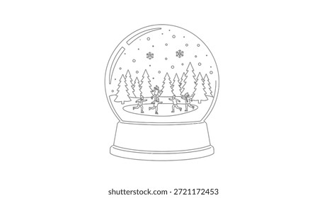 Un dibujo de línea simple y elegante que ilustra un globo de nieve que contiene una escena de invierno con renos bailando, pinos y copos de nieve que caen, evocando alegría festiva de las fiestas y acogedores momentos de invierno.