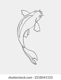 Un dibujo de línea simple y elegante de un pez koi, con Elementos de diseño minimalistas y curvas fluidas sobre un fondo blanco.