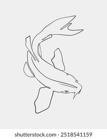 Un dibujo de línea simple y elegante de un pez koi, con Elementos de diseño minimalistas y curvas fluidas sobre un fondo blanco.