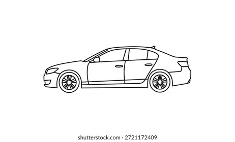 A simple and elegant line drawing of a modern sedan car showcasing clean contours, detailed wheels, and a sleek profile in black and white. The minimalistic style emphasizes the vehicle's