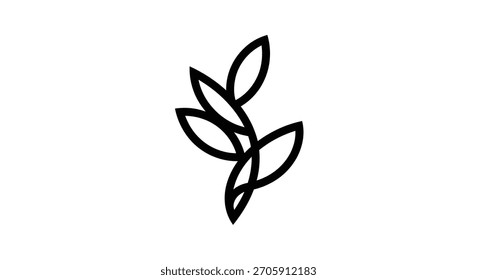 Un dibujo de línea simple y elegante de un brote de planta con tres hojas, renderizado en negro sobre un fondo blanco.