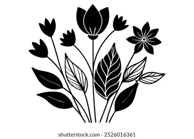 Simple elegant line drawings of plants with silhouette illustration