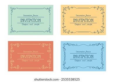 Simple, elegant line frame design for invitation, set of colorful card template for wedding, tea party, dinner and more