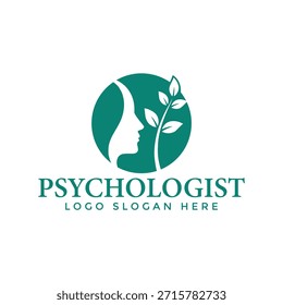 A simple and elegant logo design for a psychologist featuring a green circle with a human head silhouette and a leafy plant, conveying growth and mental well-being.