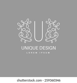 Simple and elegant logo design template. Vector monogram with floral border drawn in single simple lines. Linear decor around one letter. 