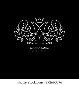 Simple and elegant logo design template. Vector monogram with floral border drawn in single simple lines. Linear decor around one letter m.