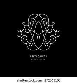 Simple and elegant logo design template. Vector monogram with floral border drawn in single simple lines. Linear decor around one letter a.
