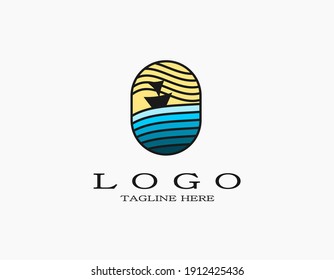 Simple elegant logo with a sailboat on the waves sea, ocean. The voyage logo.  Retro logo with blue and beige. Logo with waves strokes or lines.