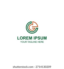 Ein einfaches elegantes Logo, das die Buchstaben G-Initialen in einer runden geometrischen Form in Grün- und Orangefarben kombiniert zeigt.