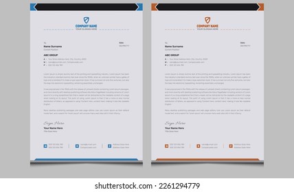 Simple elegant minimal modern company professional business letterhead template design. Clean creative abstract corporate identity letterhead design template orange blue black colors.
