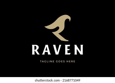 Simple Elegant Minimalist Golden Initial Letter R for Raven Hawk Falcon Bird Logo Design Vector