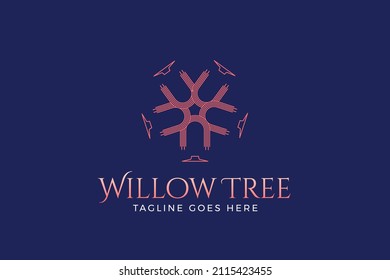 Simple Elegant Minimalist Willow Tree Logo Template With Monoline Style. Tree Logo