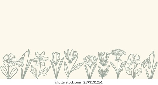 Simple elegant modern spring flower line art border background, vector floral banner empty flyer temple design