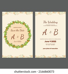 Sencilla y elegante plantilla de invitación a la boda moderna, ambientada con flores románticas y círculo dorado. Composición vectorial de rosas para guardar la fecha, saludo, gracias, vectores de tarjeta rsvp