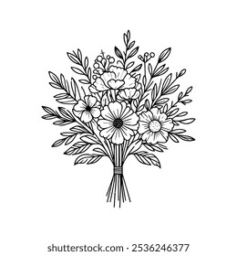 Simple Elegant Monochromatic Black And White Hand Drawn Floral Bouquet Line Art Style
