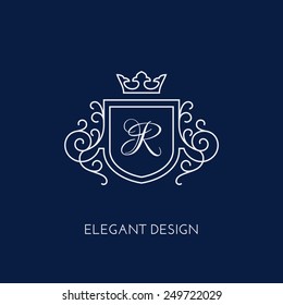 Simple and elegant monogram design template with letter R and crown. Vector illustration.