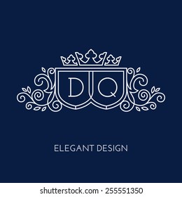 Simple and elegant monogram design template for two letters D Q with a triple crown. Vector illustration.