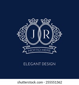 Simple and elegant monogram design template for two letters J R with a double crown. Vector illustration.