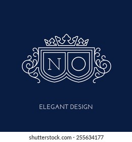 Simple and elegant monogram design template for two letters N O with a triple crown. Vector illustration.