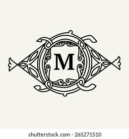 Simple and elegant monogram design template with letter M. Vector vintage emblem