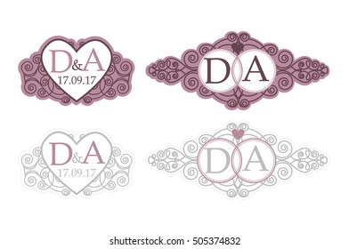 Simple and elegant monogram design template for two letters. Vector illustration. Heart Vintage ornament. wine Labels