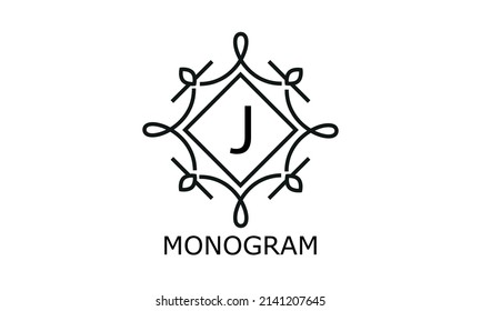 Simple y elegante plantilla de monograma con letra J en el centro. Signo de negocio decorativo, monograma de identidad para restaurante, boutique, hotel, heráldico o cualquier idea deseada.
