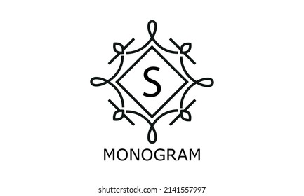 Simple y elegante plantilla de monograma con letra S en el centro. Signo de negocio decorativo, monograma de identidad para restaurante, boutique, hotel, heráldico o cualquier idea deseada.
