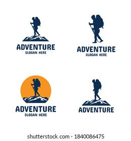 simple elegant mountain climbing person logo vector design with river in the middle