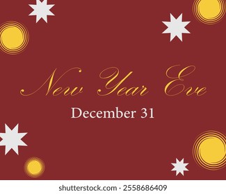 A simple, elegant New Year's Eve design or greeting card with a dark red background, white stars, and yellow circles.