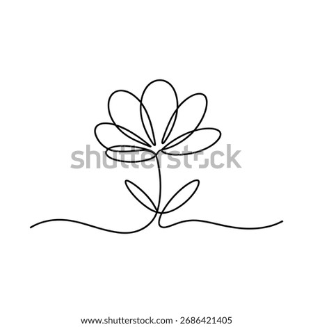 A simple, elegant one line drawing of a blooming flower on a white background.