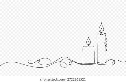 Eine einfache und elegante einzeilige Illustration von zwei Kerzen mit brennenden Flammen, mit künstlerischen Wirbel am Boden und einer minimalistischen Ästhetik.