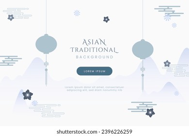 Simple and elegant oriental traditional banner composed of mountain, lampion, flowers, birds, clouds. Oriental elements background for web, promotion, cover, flyer, poster and card.