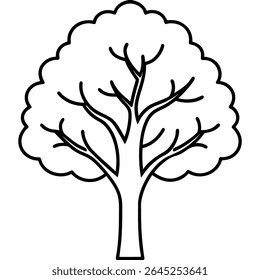A simple, elegant outline vector illustration showcases a large tree with a rounded, leafy crown. 