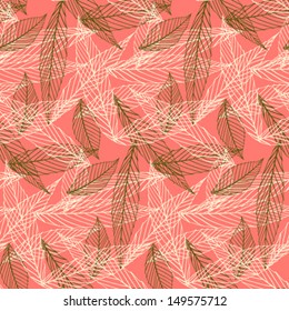 Simple elegant pattern with leafs drawn in lines in pink color. Seamless vector texture for web, print, wallpaper, holiday wrapping paper, summer fashion decor, card invitation or website background