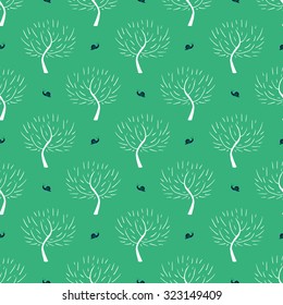 Simple elegant pattern with three silhouettes and snails in black, white, green colors for fall winter fashion or gift wrapping paper. Chic, natural retro style print with woods and bare branches 