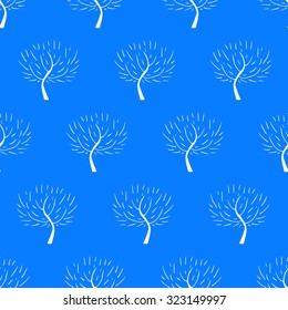Simple elegant pattern with three silhouettes in blue color for fall winter fashion or Christmas wrapping paper. Chic, natural retro style print with woods and bare branches for baby boy room decor