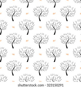 Simple elegant pattern with three silhouettes and snails in black, white, brown colors for fall winter fashion or gift wrapping paper. Chic, natural retro style print with woods and bare branches